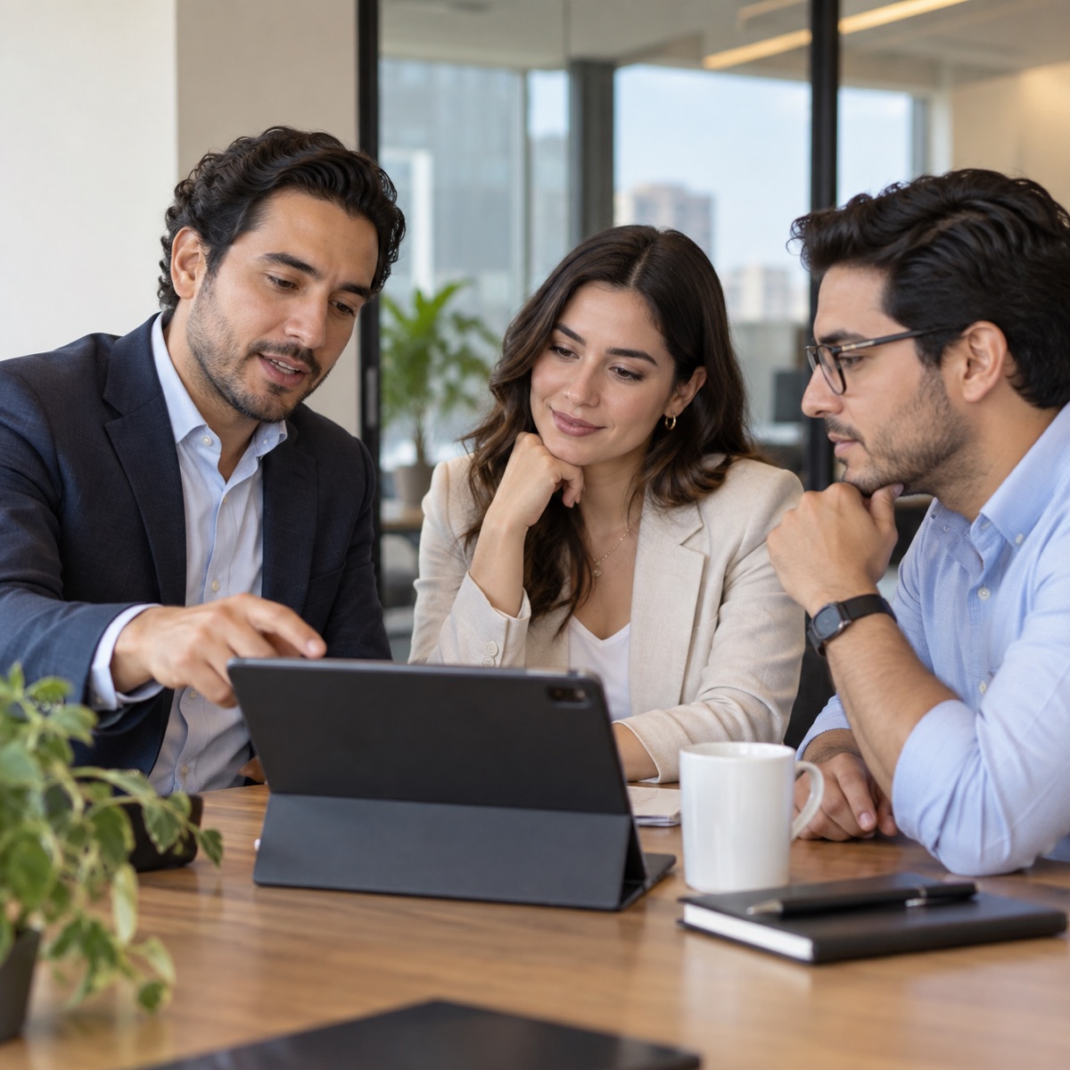 Tres personas revisando juntas un análisis en una tableta, en una sala de reuniones.