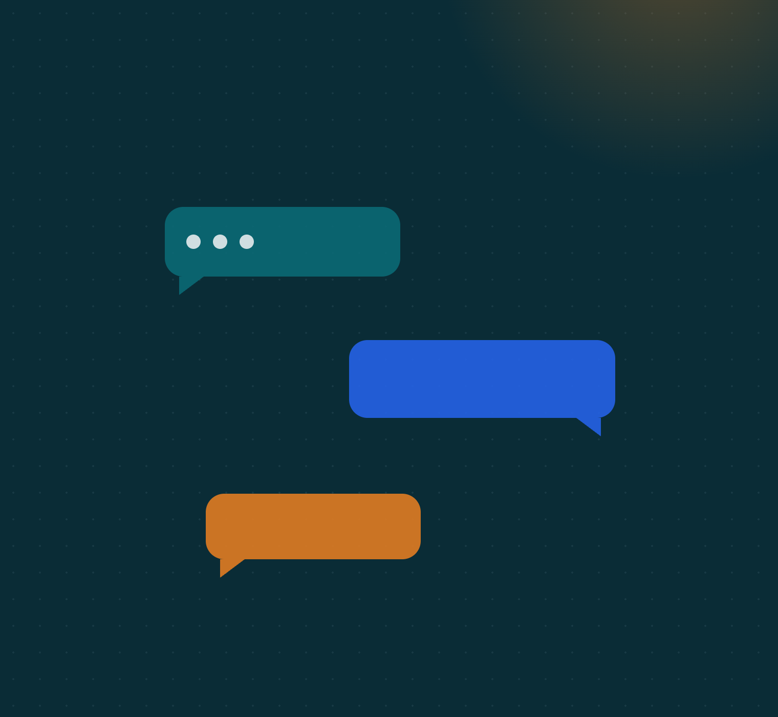 Tres burbujas de conversación en los colores de WhatsApp, correo y chat.
